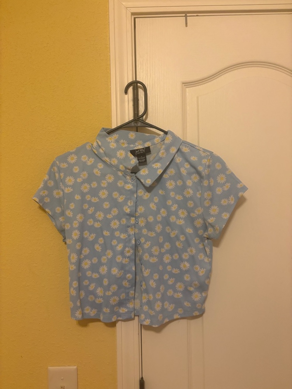 Light Blue Daisy Print Crop Button-Up Top